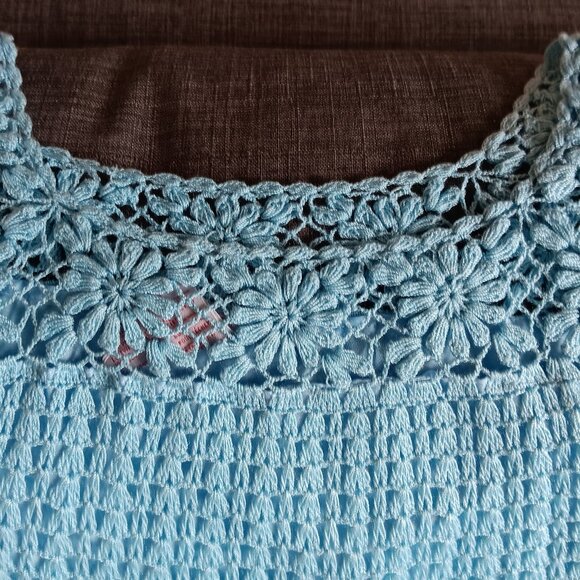 Rare Vintage Blue Crochet Mini Dress Boho Floral Fishnet Sleeves XS/S - Picture 9 of 15